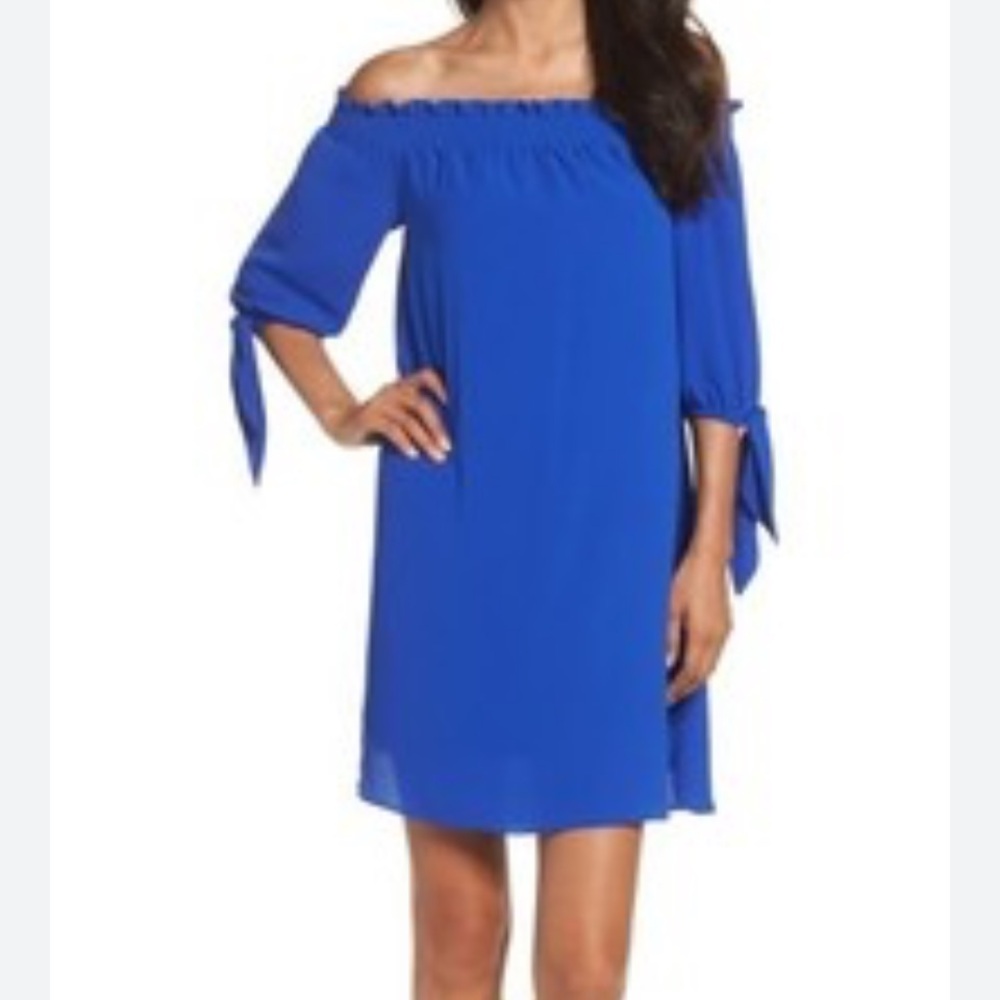 VINCE CAMUTO Off The Shoulder Scuba Bardot Float Dress Royal Cobalt Blue Sz.12